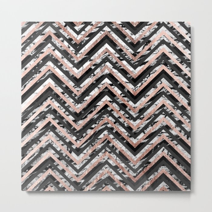 Black and White Marble and Rose Gold Chevron Zigzag Metal Print