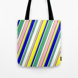 [ Thumbnail: Eyecatching Mint Cream, Yellow, Sea Green, Light Pink & Blue Colored Lines/Stripes Pattern Tote Bag ]