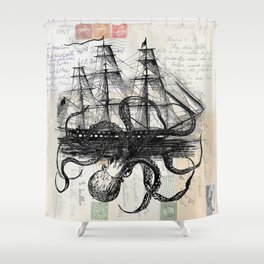 Octopus Kraken Attacking Ship on Old Postcards Shower Curtain