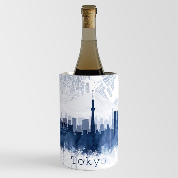 Tokyo Skyline & Map Watercolor Navy Blue, Print by Zouzounio Art Wine Chiller