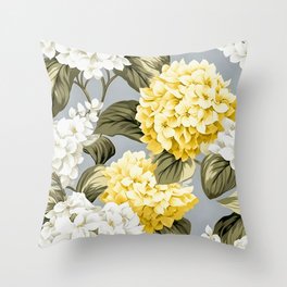 Yellow and Gray Hydrangea Floral Throw Pillow