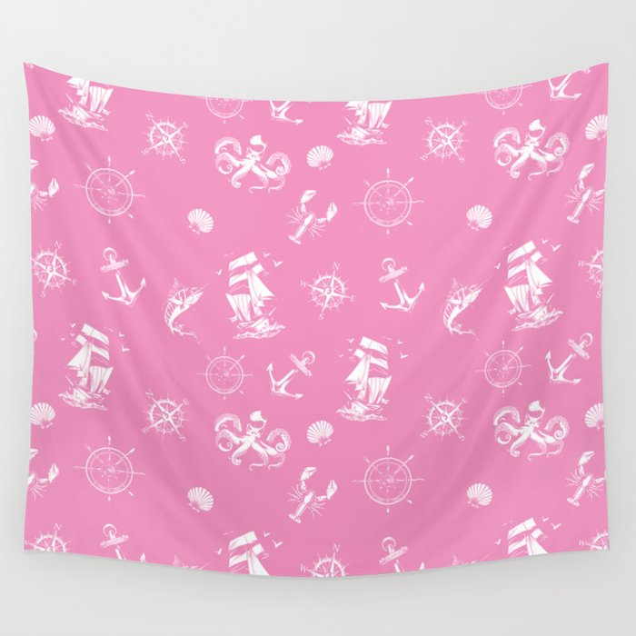 Pink And White Silhouettes Of Vintage Nautical Pattern Wall Tapestry
