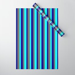 [ Thumbnail: Dim Grey, Cyan, and Dark Blue Colored Pattern of Stripes Wrapping Paper ]