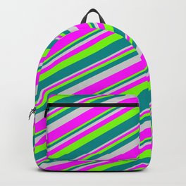 [ Thumbnail: Light Grey, Fuchsia, Green, and Dark Cyan Colored Lines/Stripes Pattern Backpack ]