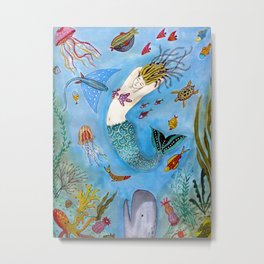 Tuned Mermaid Metal Print | Crab, Turtle, Octopus, Painting, Sea, Belluga, Seafood, Mermaids, Inktonic, Jellyfish 