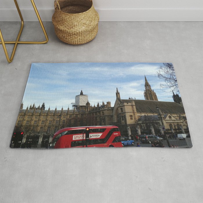 Great Britain Photography - Double Decker Bus Traveling Through London Rug