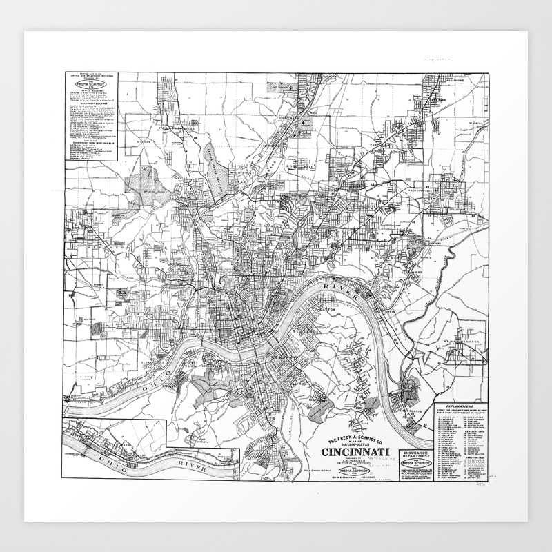 Vintage Map Of Cincinnati Ohio 1915 Bw Art Print By Bravuramedia Society6