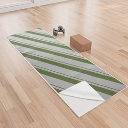[ Thumbnail: Dark Olive Green & Grey Colored Striped/Lined Pattern Yoga Towel ]