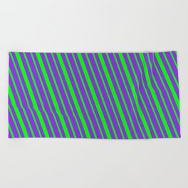[ Thumbnail: Lime & Purple Colored Striped/Lined Pattern Beach Towel ]