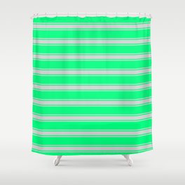 [ Thumbnail: Green and Light Gray Colored Stripes/Lines Pattern Shower Curtain ]