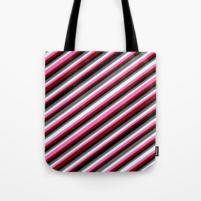 Colorful Dim Gray, Light Cyan, Hot Pink, Maroon & Black Colored Striped/Lined Pattern Tote Bag