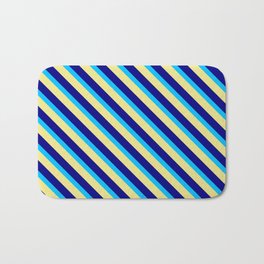 [ Thumbnail: Deep Sky Blue, Tan & Blue Colored Stripes Pattern Bath Mat ]