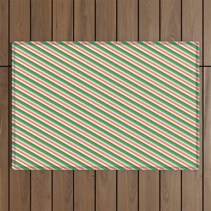 Eyecatching Beige, Salmon, White, Green, and Light Sea Green Colored Striped/Lined Pattern Outdoor Rug