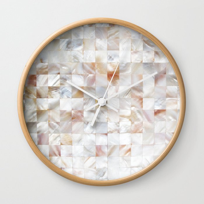 Mother of Pearl, Exotic Tiles Photography, Neutral Minimal Geometrical Graphic Design Wall Clock