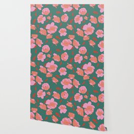 English Roses in Pink and Green Wallpaper