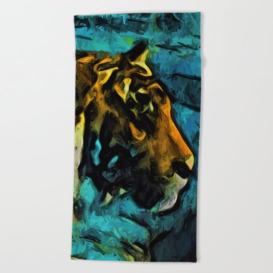 Gold Tiger with Black Lines and some Blue Beach Towel
