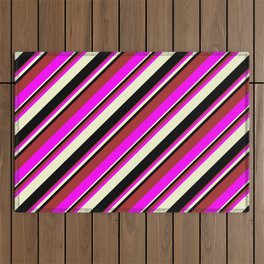 [ Thumbnail: Brown, Fuchsia, Light Yellow, and Black Colored Lines Pattern Outdoor Rug ]