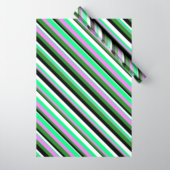 Green, Violet, Forest Green, Black, and White Colored Stripes Pattern Wrapping Paper