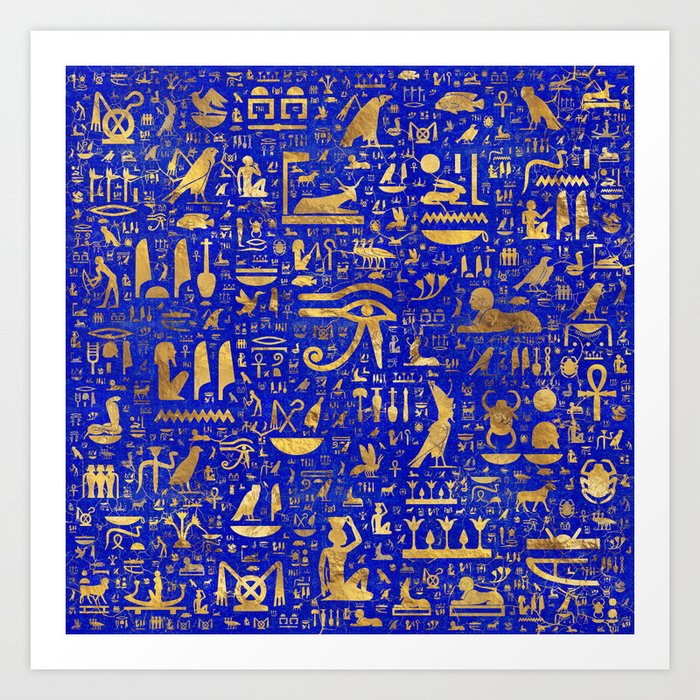 Ancient Egyptian hieroglyphs -Lapis Lazuli and Gold Art Print