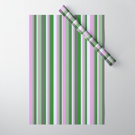 [ Thumbnail: Vibrant Forest Green, Dim Grey, Dark Sea Green, Plum, and Lavender Colored Lined/Striped Pattern Wrapping Paper ]