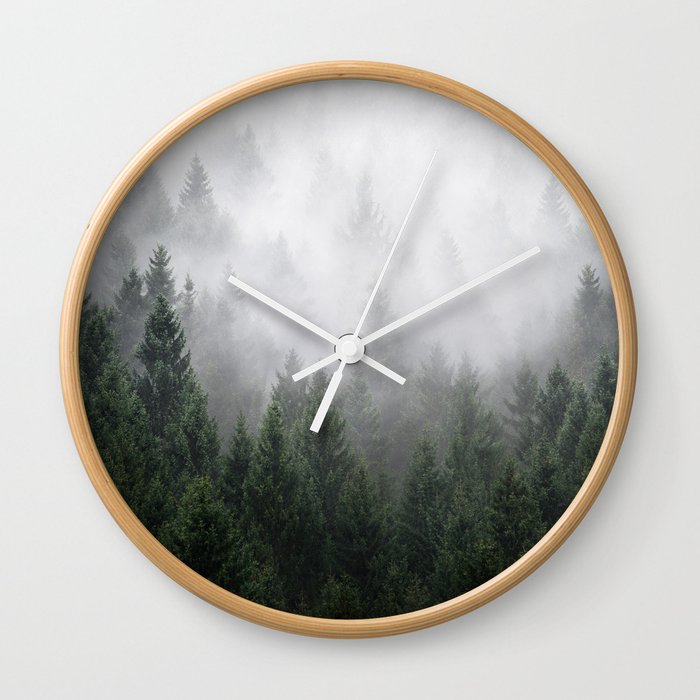 Home Is A Feeling // Wild Romantic Misty Fairytale Wilderness Forest With Trees Covered In Fog Wall Clock