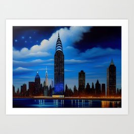 New York, New York, big city of dreams cobalt blue nightscape with city lights and skyline landscape painting Art Print