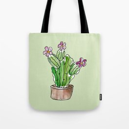 Cactus with Flowers on Green Background Tote Bag