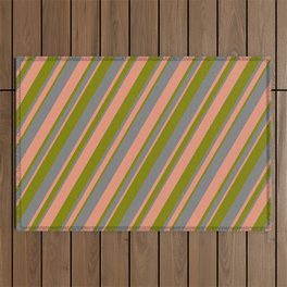 [ Thumbnail: Grey, Dark Salmon & Green Colored Stripes/Lines Pattern Outdoor Rug ]