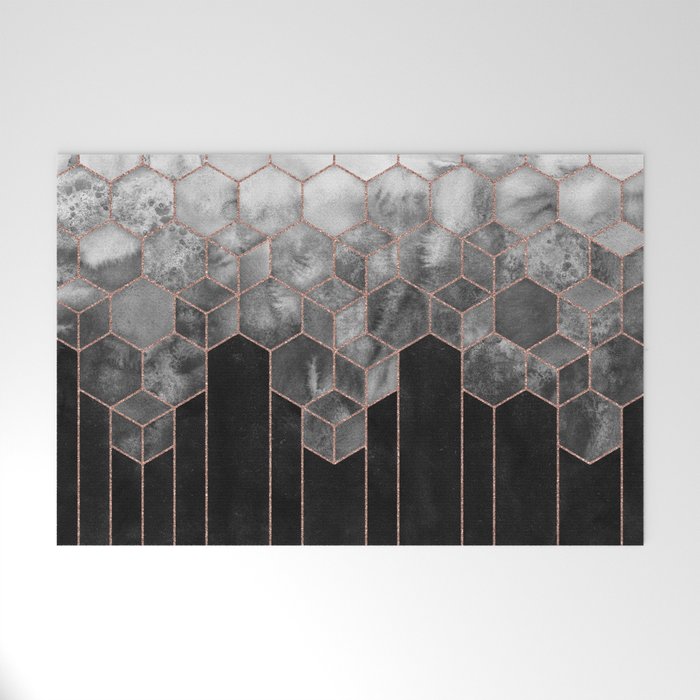 Cubes of Rose Gold - Midnight Black Nights Geometric Welcome Mat