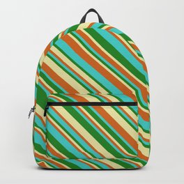 [ Thumbnail: Pale Goldenrod, Chocolate, Turquoise & Forest Green Colored Lines Pattern Backpack ]