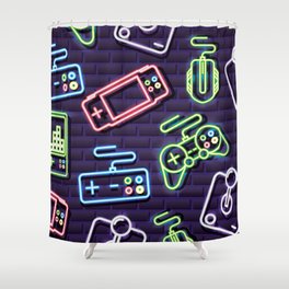 Neon Video Game Accessories Pattern Shower Curtain