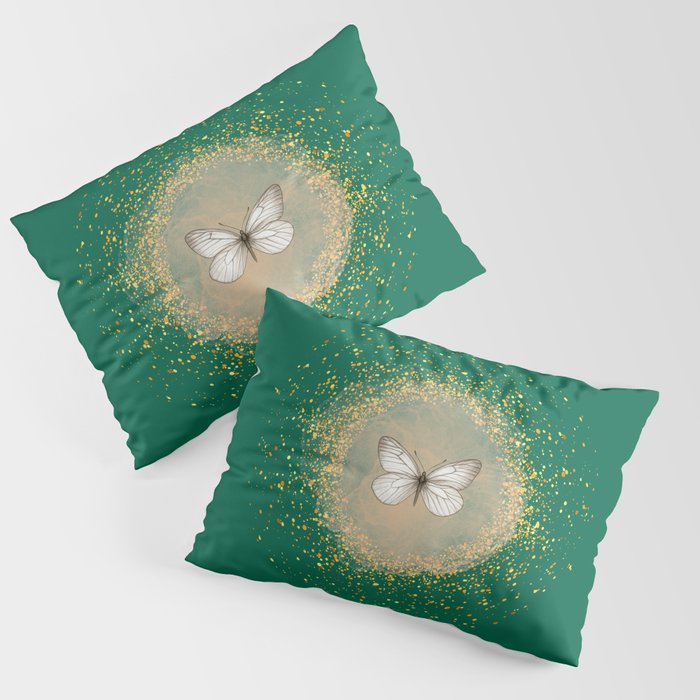 Hand-Drawn Butterfly and Gold Circle Frame on Empire Dark Green Pillow Sham