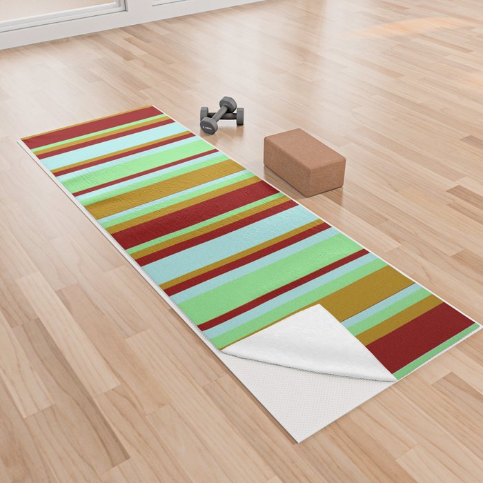 Light Green, Dark Goldenrod, Dark Red, and Turquoise Colored Lines/Stripes Pattern Yoga Towel
