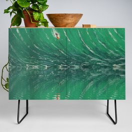 Extreme surfing pipeline wave with mirrored reflection, nazara, california, gulf of mexico, florida keys, hawaii surf landscape painting in emerald green Credenza