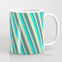 [ Thumbnail: Cyan, Pale Goldenrod & Dim Grey Colored Lines/Stripes Pattern Coffee Mug ]