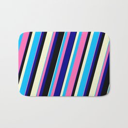 [ Thumbnail: Vibrant Deep Sky Blue, Hot Pink, Dark Blue, Black, and Light Yellow Colored Lines/Stripes Pattern Bath Mat ]