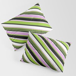 [ Thumbnail: Vibrant Plum, Green, Dark Olive Green, Black & White Colored Lined/Striped Pattern Pillow Sham ]