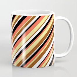 [ Thumbnail: Eyecatching Red, Tan, Brown, White & Black Colored Lined Pattern Coffee Mug ]