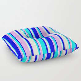 [ Thumbnail: Aqua, Beige, Plum & Blue Colored Lined Pattern Floor Pillow ]