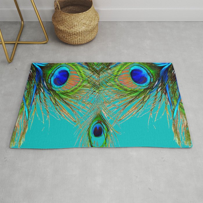 TURQUOISE BLUE-GREEN PEACOCK FEATHERS ART Rug