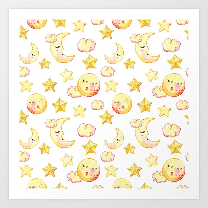 Watercolor orange yellow pink starry moon sun pattern Art Print