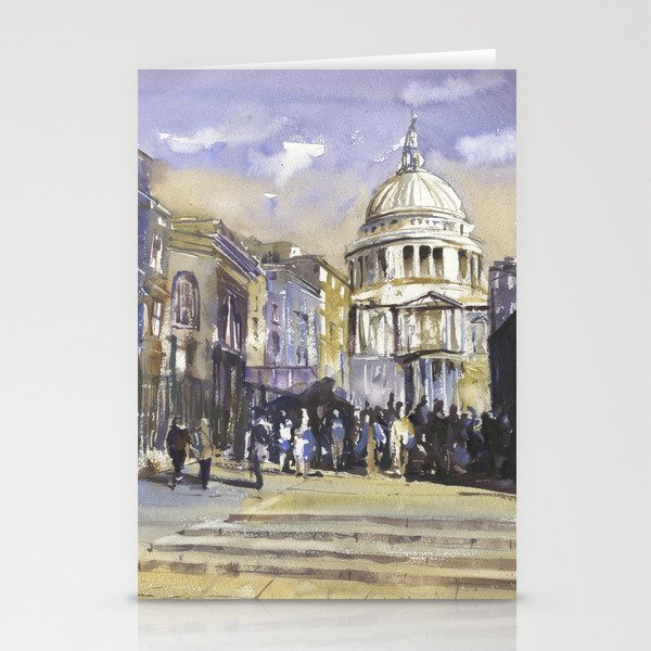 St. Paul's Cathedral at night in the city of London, England.  Watercolor painting London Stationery Cards