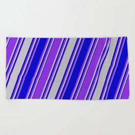 [ Thumbnail: Grey, Blue & Purple Colored Stripes Pattern Beach Towel ]