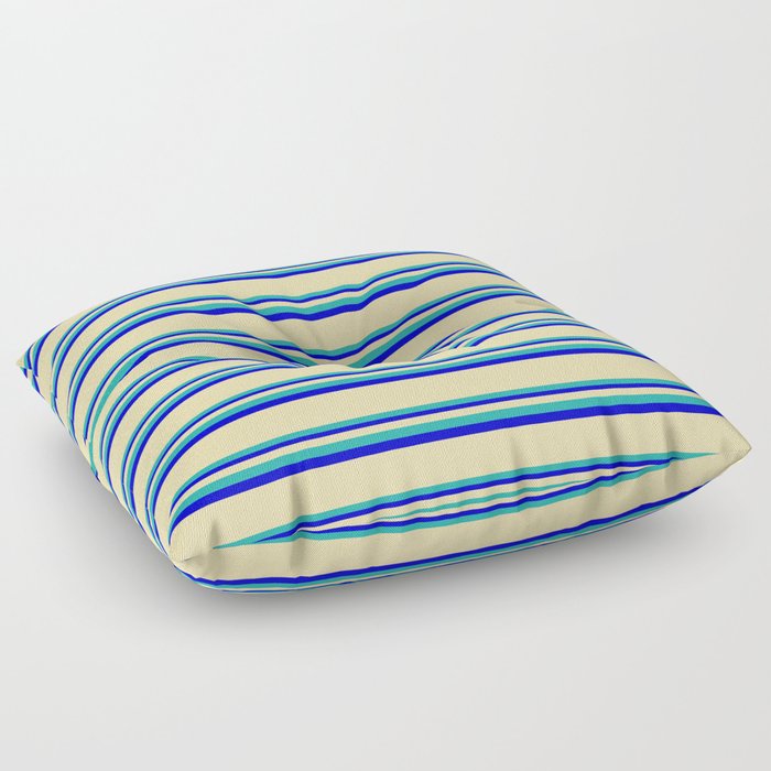 Tan, Light Sea Green & Blue Colored Striped Pattern Floor Pillow