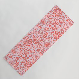 Woodblock print repeating pattern in orange and pink Yoga Mat