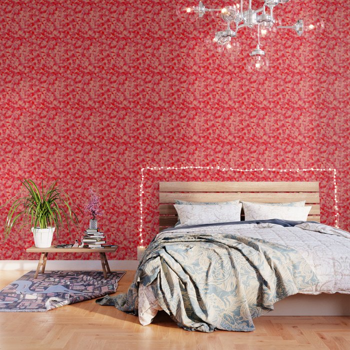 Abstract Peach Color Shapes Against Red Background Pattern Design