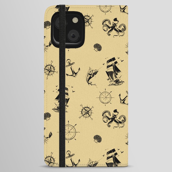 Beige And Black Silhouettes Of Vintage Nautical Pattern iPhone Wallet Case