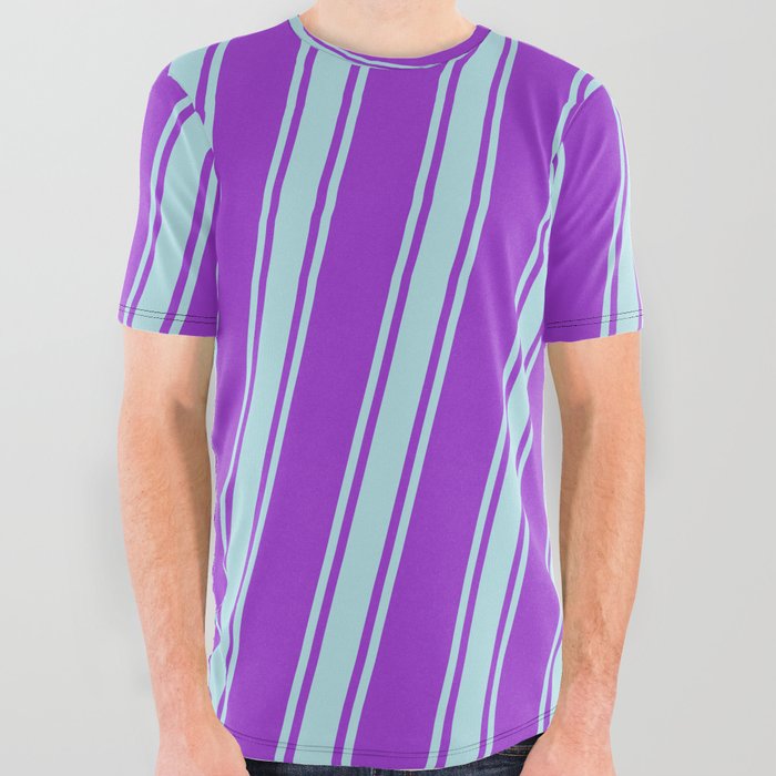 Dark Orchid and Powder Blue Colored Striped/Lined Pattern All Over Graphic Tee