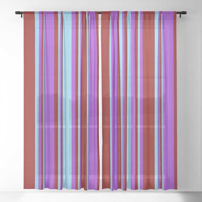 Sky Blue, Dark Orchid, and Dark Red Colored Pattern of Stripes Sheer Curtain
