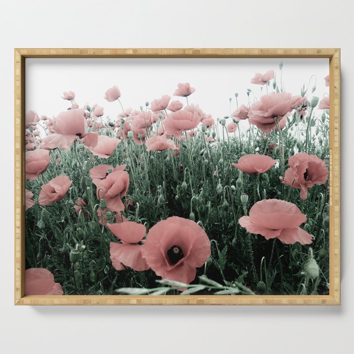 Pastel pink blooming poppy field  Serving Tray